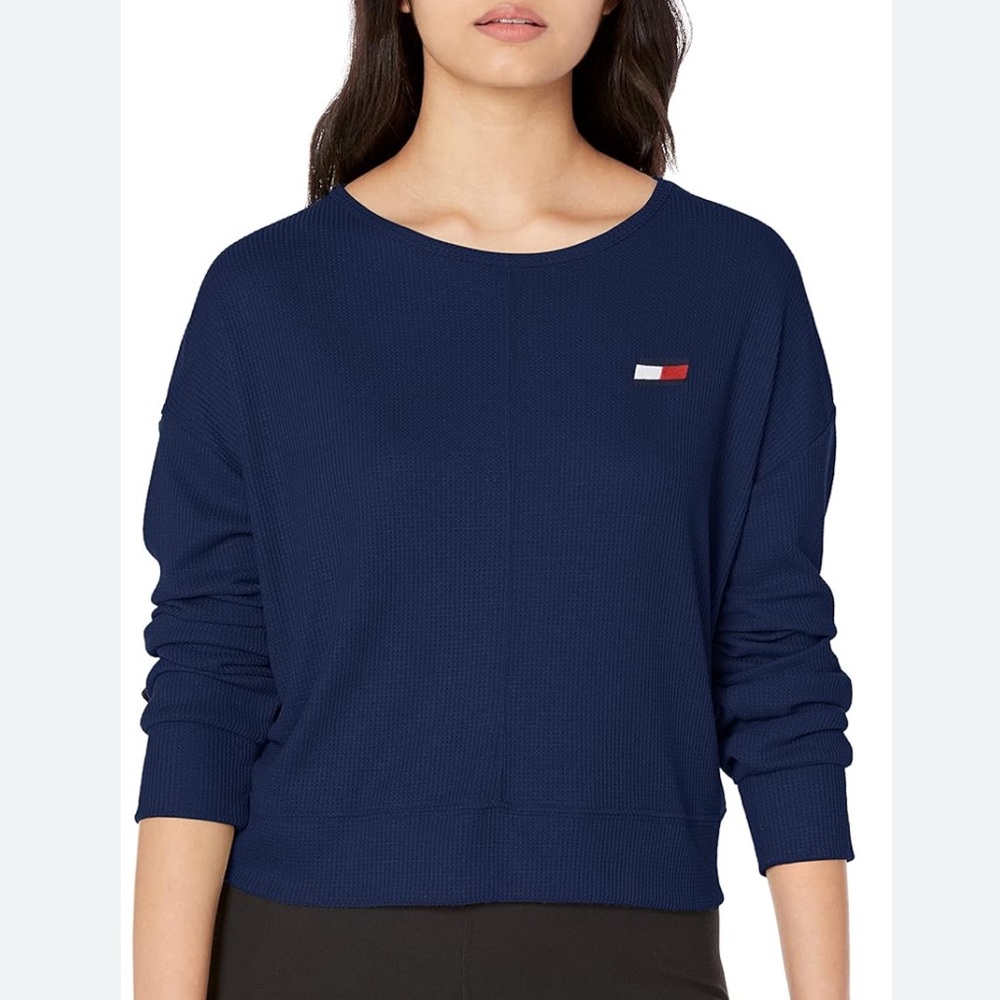TOMMY HILFIGER SPORT BLUE CREWNECK RIBBED LONG SLEEVE CROP CENTRAL LOGO TOP SZ M